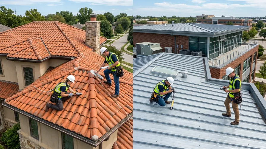 Professional roof inspection comparing metal roofing and terracotta roofing