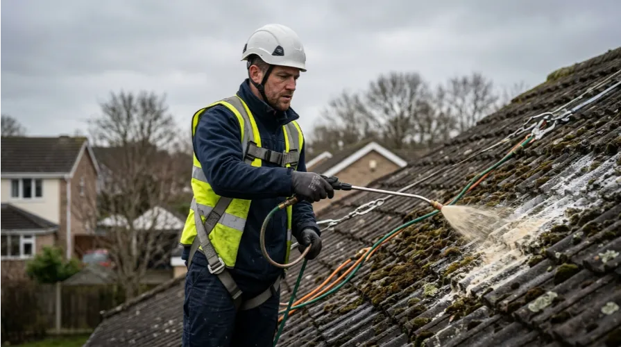 Professional technician applying soft wash biocide for roof moss removal on a concrete tile roof