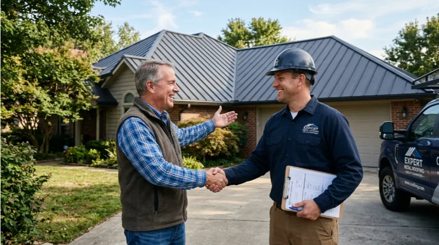 Property owner consulting roofing experts about metal roofing and terracotta roofing options