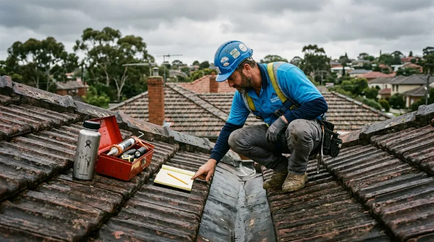 Roofer inspecting a roof valley to diagnose the source of a leak