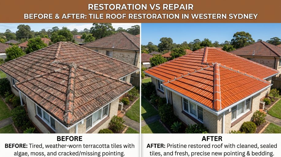 A before and after photo of a tired tile roof in Western Sydney transformed into a pristine restored roof with fresh pointing and sealed tiles