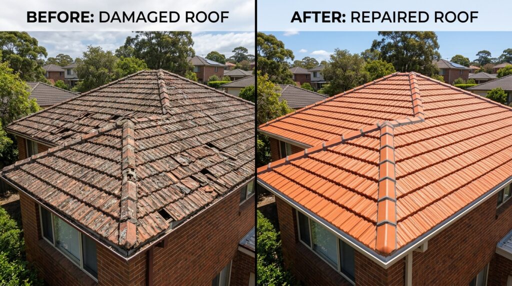 A split-screen photo showing a damaged Sydney tile roof on the left and a beautifully repaired same roof on the right. Sunlight highlights the clean new tiles and repointed ridges.