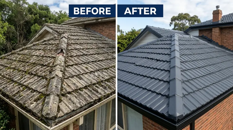 Before and after tile roof restoration, faded moss covered tiles with cracked ridges on left, clean freshly painted tiles with new ridge capping on right