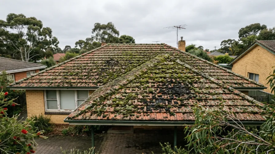 Heavily moss covered terracotta tile roof in an Australian suburb before professional roof moss removal treatment