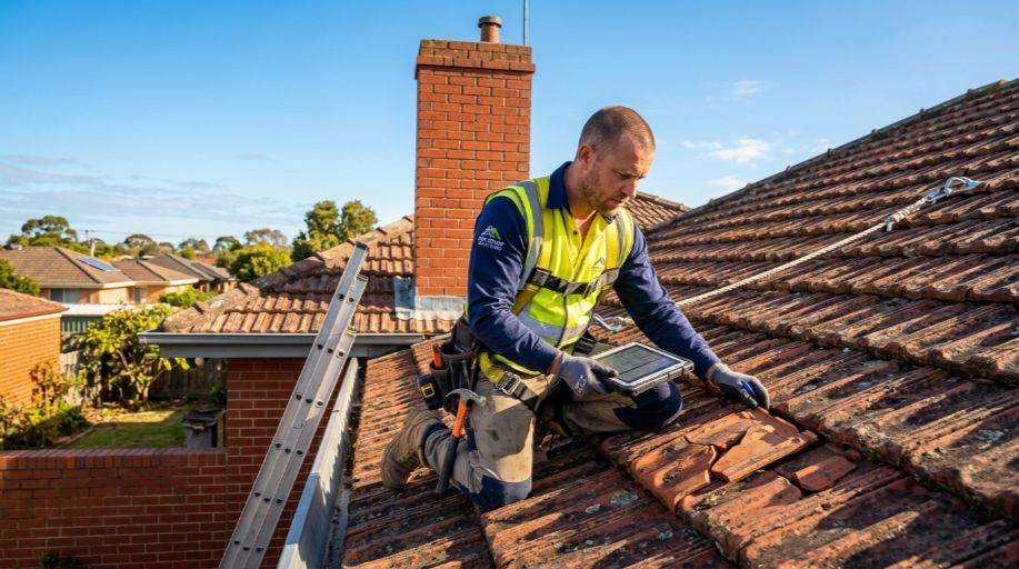 Roofer inspecting damaged tiles to estimate roof repair cost in Australia