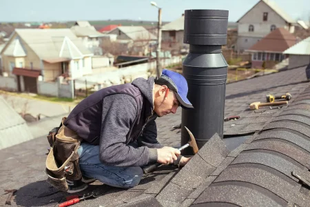 Roofer repairing a roof with a hammer