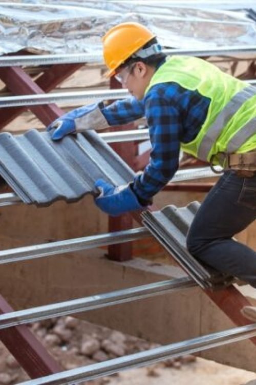 Roofing team at work